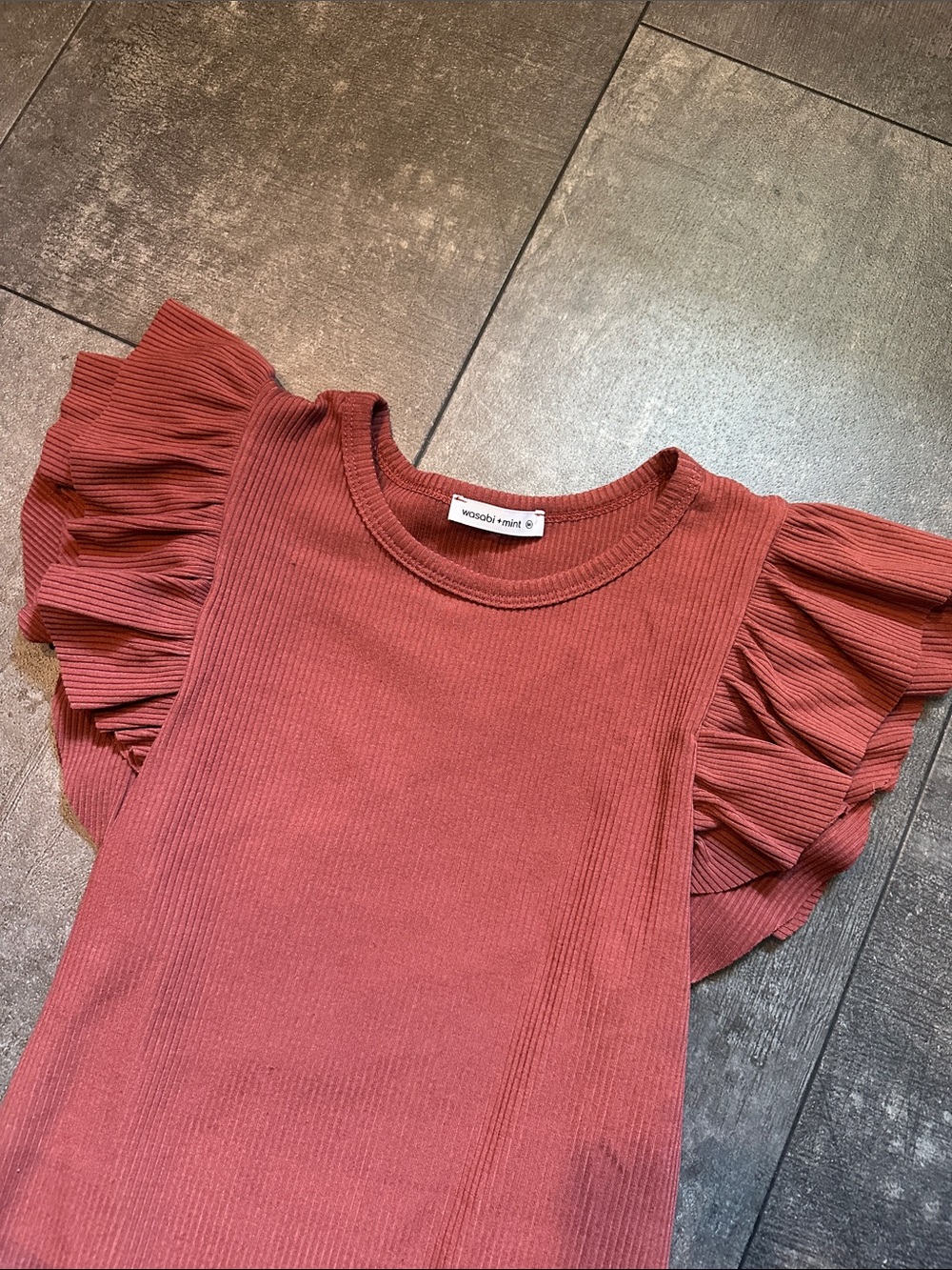 Women’s Ribbed One-Piece with Ruffle Sleeves - Rust - Picture 2 of 2